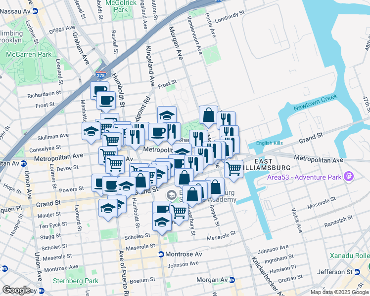 map of restaurants, bars, coffee shops, grocery stores, and more near 928 Metropolitan Avenue in Brooklyn