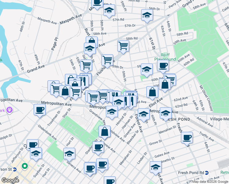 map of restaurants, bars, coffee shops, grocery stores, and more near 60-85 55th Street in Queens
