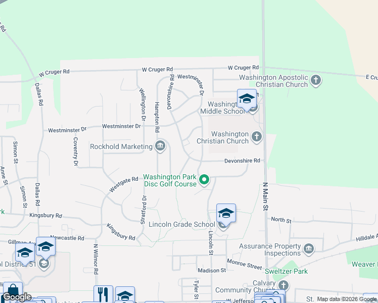 map of restaurants, bars, coffee shops, grocery stores, and more near 505 Devonshire Road in Washington