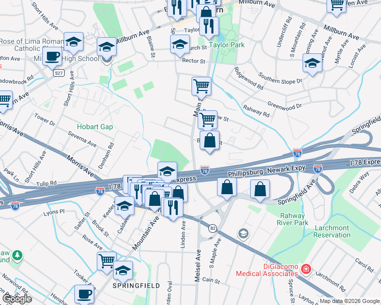 map of restaurants, bars, coffee shops, grocery stores, and more near 305 Main Street in Essex County
