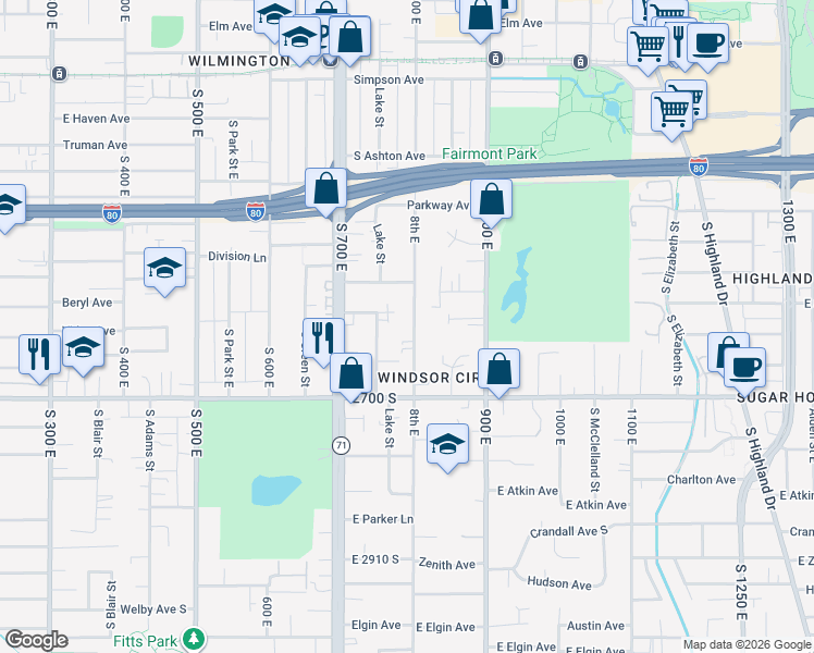 map of restaurants, bars, coffee shops, grocery stores, and more near 2582 800 East in Salt Lake City