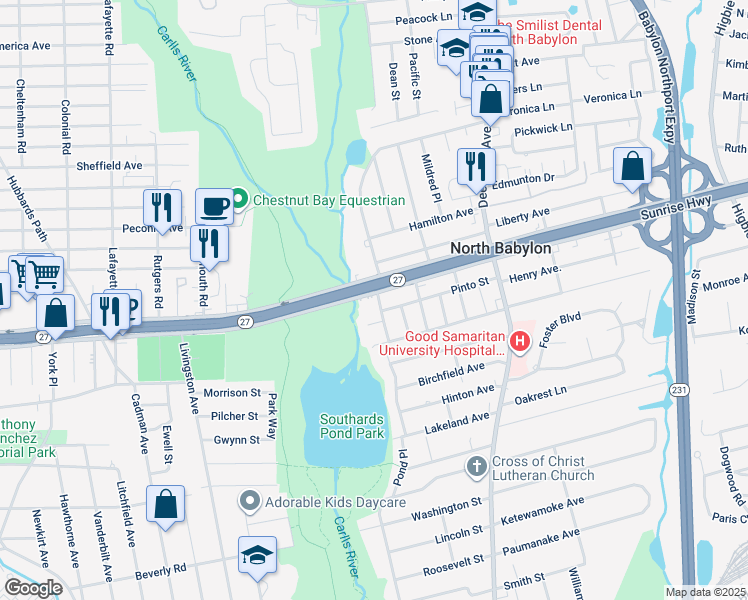 map of restaurants, bars, coffee shops, grocery stores, and more near 848 Sunrise Highway in West Babylon