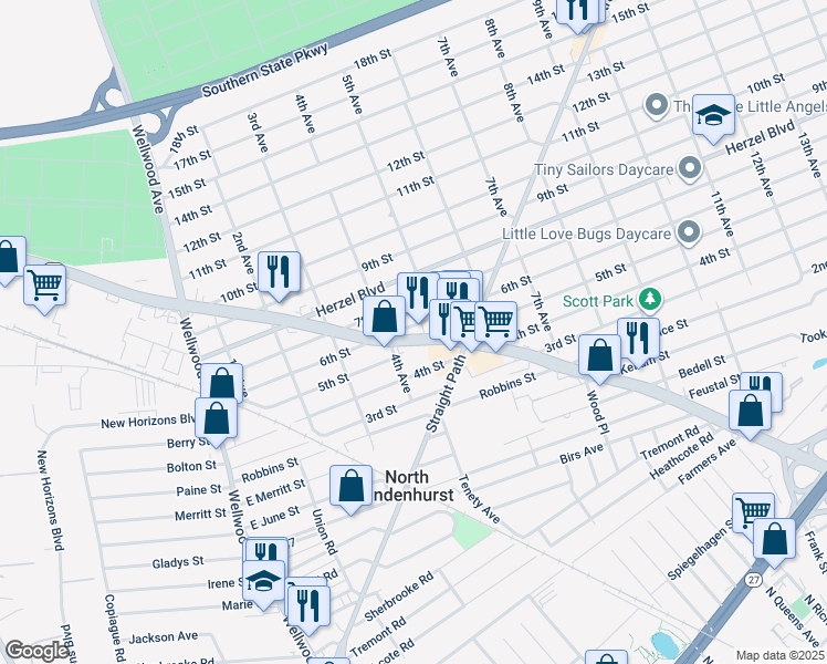 map of restaurants, bars, coffee shops, grocery stores, and more near 720 New York 109 in Lindenhurst