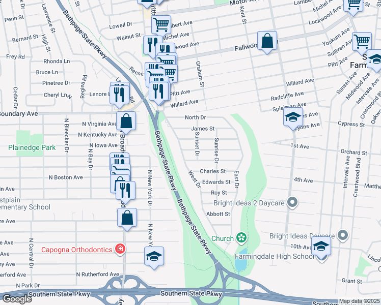 map of restaurants, bars, coffee shops, grocery stores, and more near 106 Louis Street in Massapequa