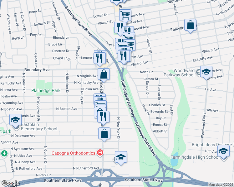 map of restaurants, bars, coffee shops, grocery stores, and more near 164 North Idaho Avenue in Massapequa
