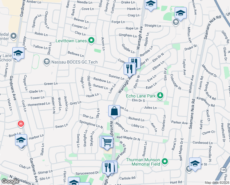 map of restaurants, bars, coffee shops, grocery stores, and more near 2 Entry Lane in Levittown