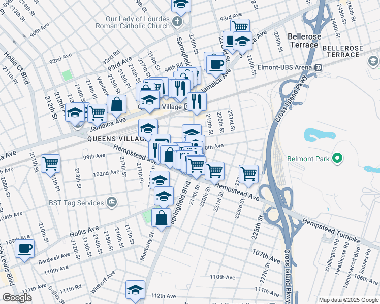 map of restaurants, bars, coffee shops, grocery stores, and more near 100-16 Springfield Boulevard in Queens