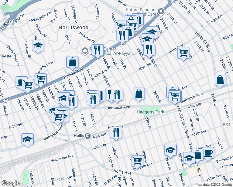 map of restaurants, bars, coffee shops, grocery stores, and more near 91-07 197th Street in Queens