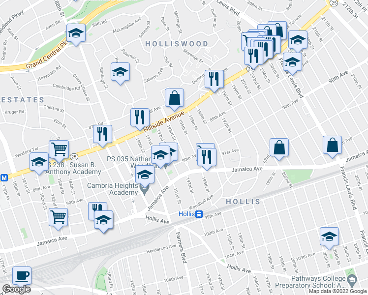 map of restaurants, bars, coffee shops, grocery stores, and more near 88-90 195th Street in Queens