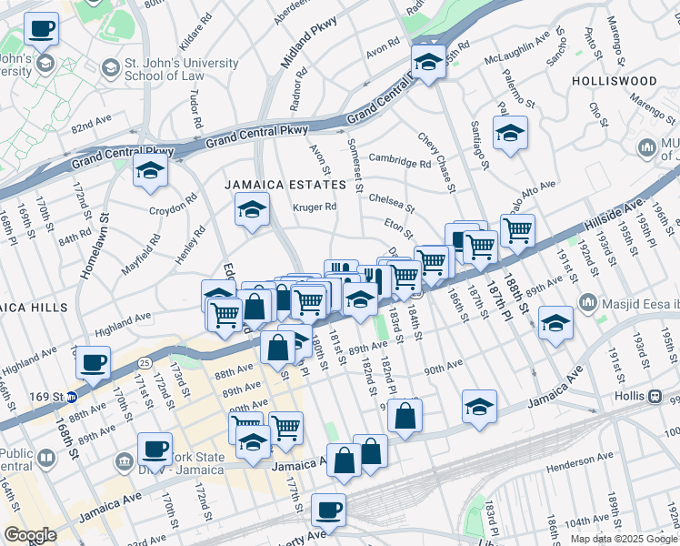 map of restaurants, bars, coffee shops, grocery stores, and more near in Queens