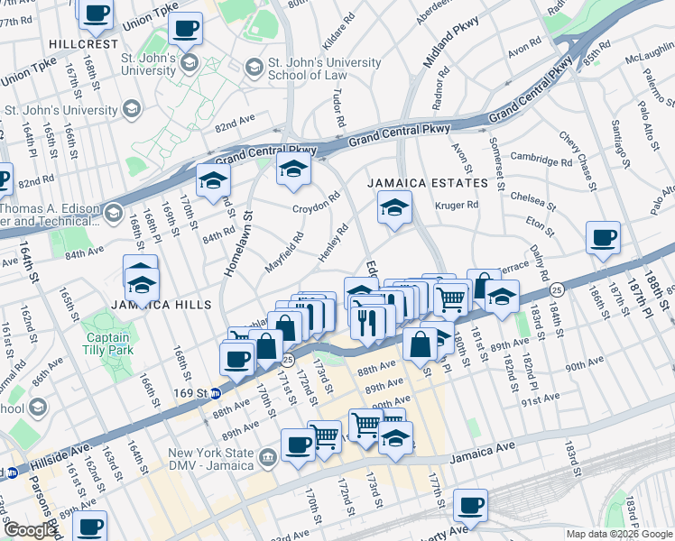 map of restaurants, bars, coffee shops, grocery stores, and more near 175-24 Devonshire Road in Queens