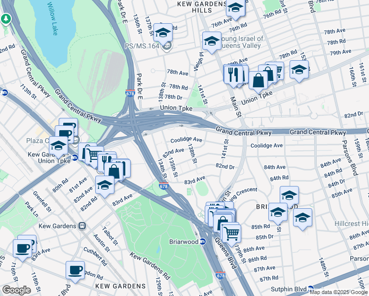 map of restaurants, bars, coffee shops, grocery stores, and more near 82-06 138th Street in Queens
