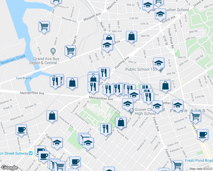 map of restaurants, bars, coffee shops, grocery stores, and more near 60-25 54th Street in Queens