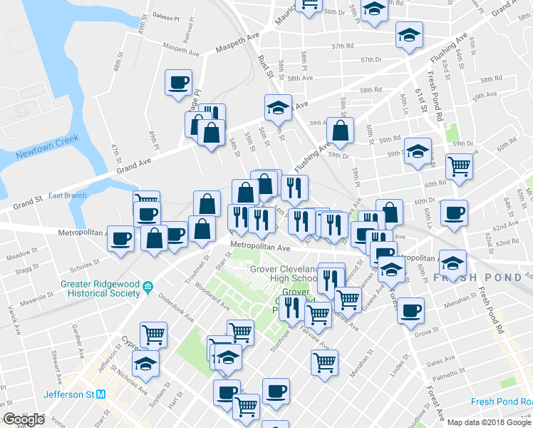 map of restaurants, bars, coffee shops, grocery stores, and more near 60-25 54th Street in Queens