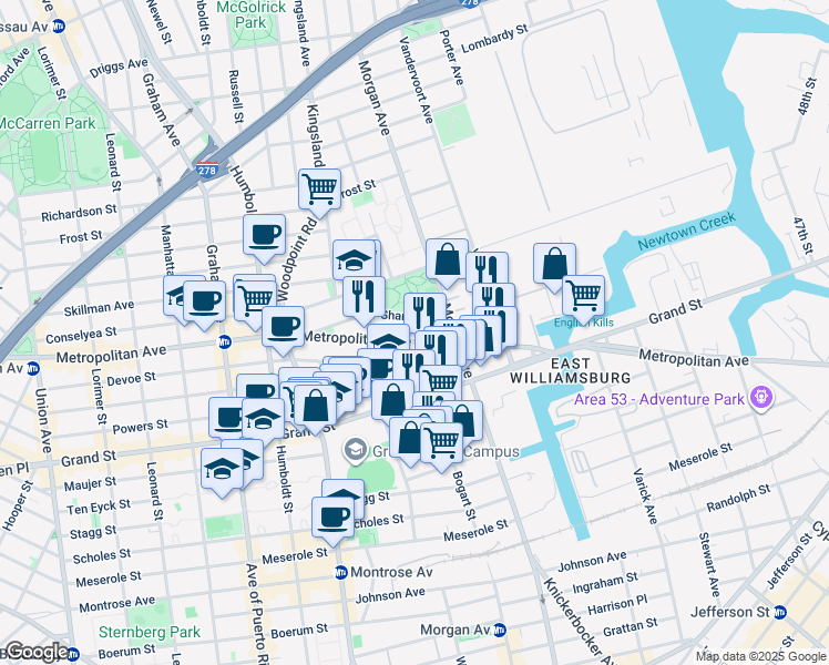 map of restaurants, bars, coffee shops, grocery stores, and more near 991 Metropolitan Avenue in Brooklyn