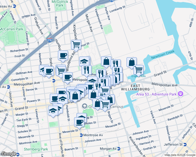 map of restaurants, bars, coffee shops, grocery stores, and more near 991 Metropolitan Avenue in Brooklyn