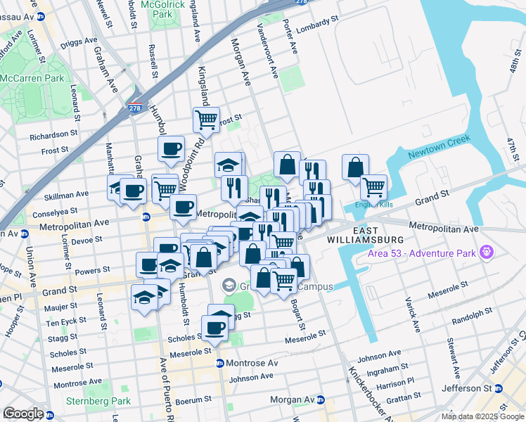 map of restaurants, bars, coffee shops, grocery stores, and more near 991 Metropolitan Avenue in Brooklyn