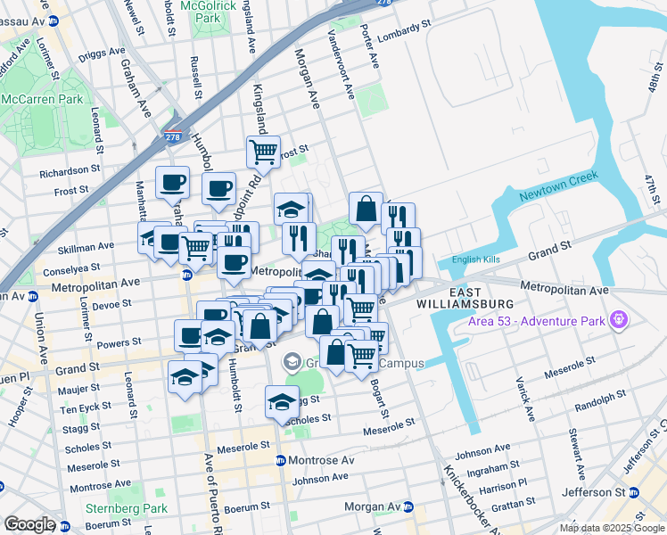 map of restaurants, bars, coffee shops, grocery stores, and more near 928 Metropolitan Avenue in Brooklyn