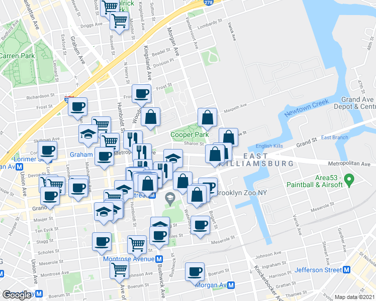 map of restaurants, bars, coffee shops, grocery stores, and more near 928 Metropolitan Avenue in Brooklyn