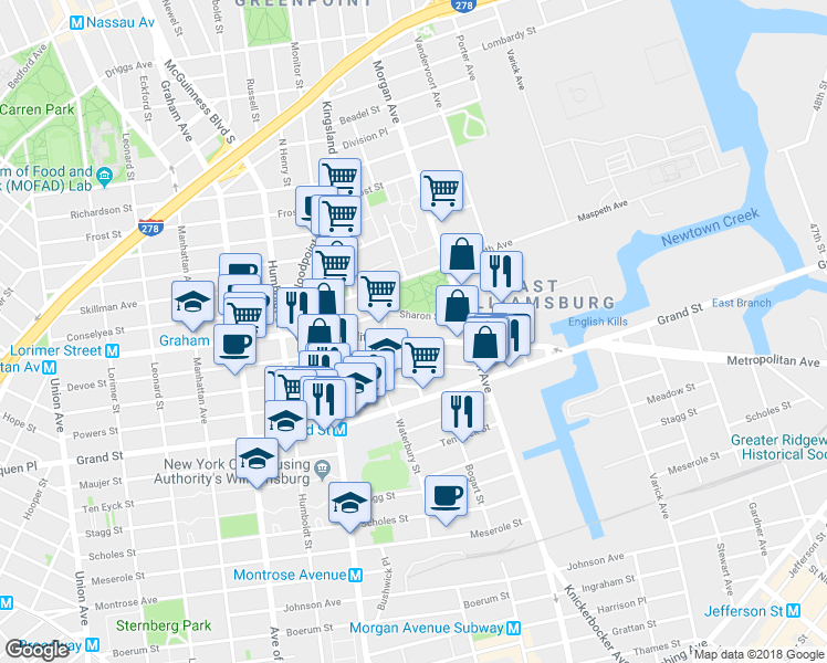 map of restaurants, bars, coffee shops, grocery stores, and more near 928 Metropolitan Avenue in Brooklyn