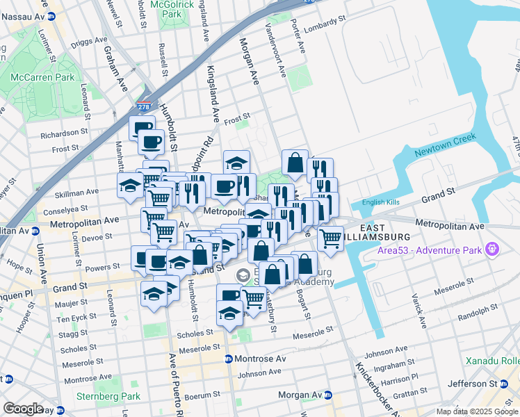 map of restaurants, bars, coffee shops, grocery stores, and more near 928 Metropolitan Avenue in Brooklyn