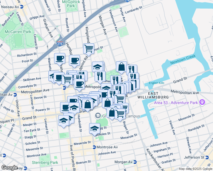 map of restaurants, bars, coffee shops, grocery stores, and more near 928 Metropolitan Avenue in Brooklyn