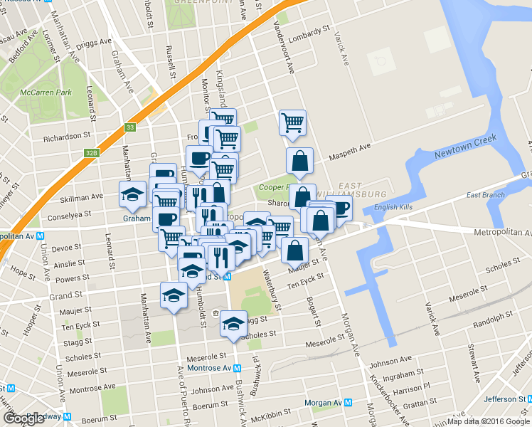 map of restaurants, bars, coffee shops, grocery stores, and more near 928 Metropolitan Avenue in Brooklyn