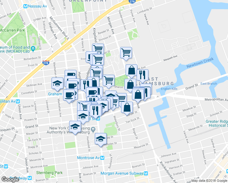 map of restaurants, bars, coffee shops, grocery stores, and more near 928 Metropolitan Avenue in Brooklyn