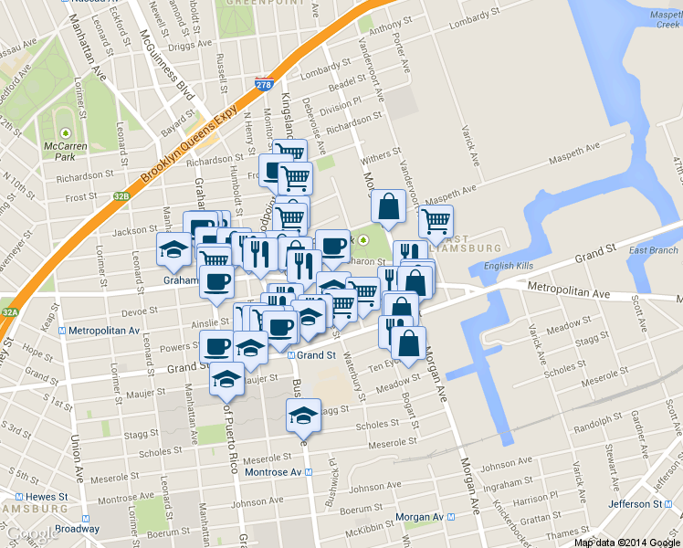 map of restaurants, bars, coffee shops, grocery stores, and more near 928 Metropolitan Avenue in Brooklyn