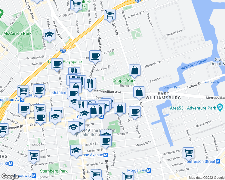 map of restaurants, bars, coffee shops, grocery stores, and more near 890 Metropolitan Avenue in Brooklyn
