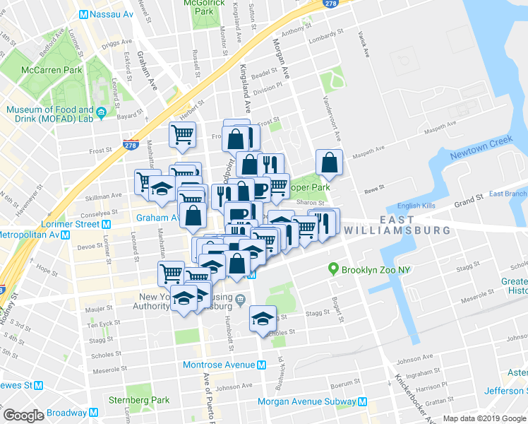 map of restaurants, bars, coffee shops, grocery stores, and more near 890 Metropolitan Avenue in Brooklyn