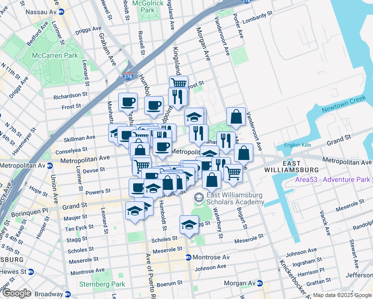 map of restaurants, bars, coffee shops, grocery stores, and more near 890 Metropolitan Avenue in Brooklyn