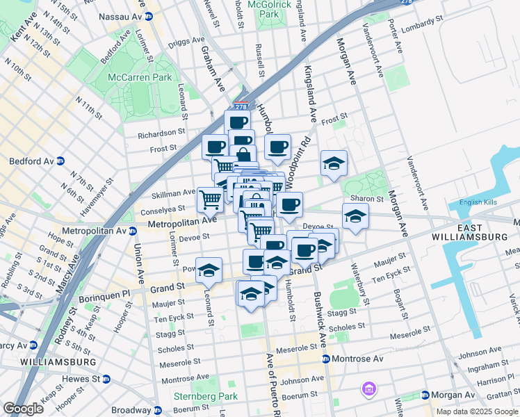 map of restaurants, bars, coffee shops, grocery stores, and more near 752 Metropolitan Avenue in Brooklyn