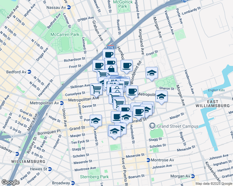 map of restaurants, bars, coffee shops, grocery stores, and more near 749A Metropolitan Avenue in Brooklyn