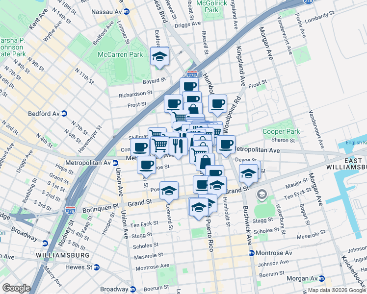 map of restaurants, bars, coffee shops, grocery stores, and more near 713 Metropolitan Avenue in Brooklyn