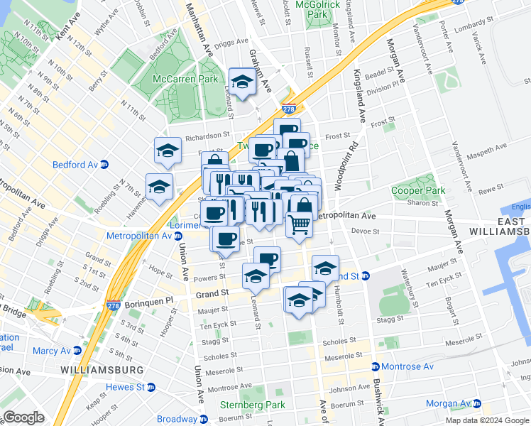 map of restaurants, bars, coffee shops, grocery stores, and more near 661 Metropolitan Avenue in Brooklyn