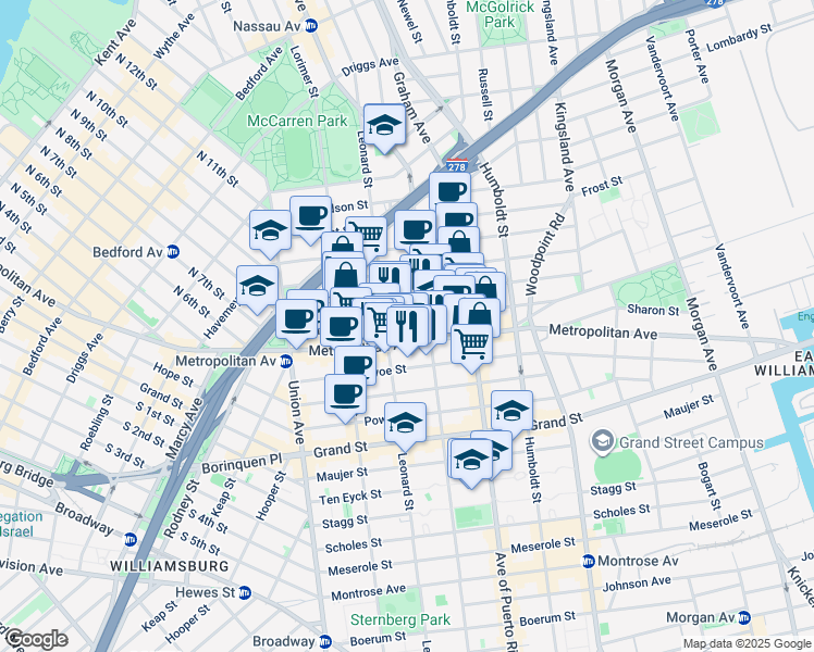 map of restaurants, bars, coffee shops, grocery stores, and more near 661 Metropolitan Avenue in Brooklyn