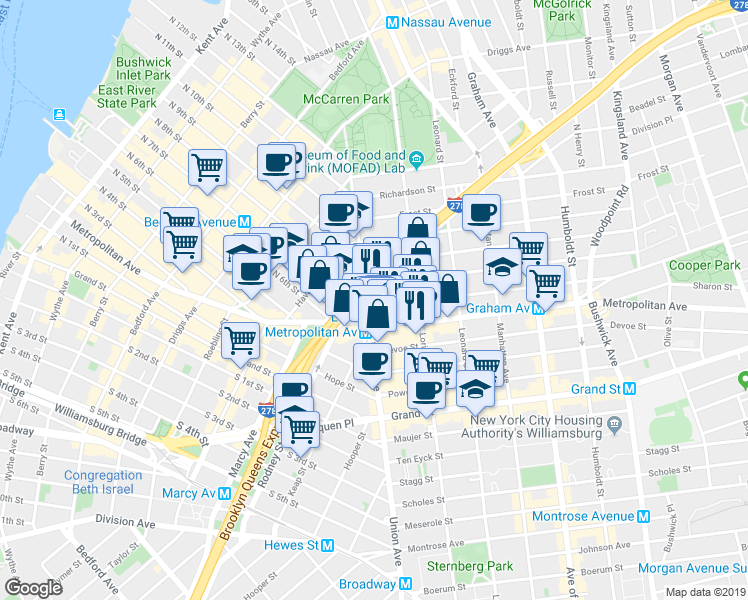 map of restaurants, bars, coffee shops, grocery stores, and more near 2 Conselyea Street in Brooklyn