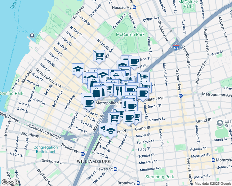 map of restaurants, bars, coffee shops, grocery stores, and more near 498 Metropolitan Avenue in Brooklyn