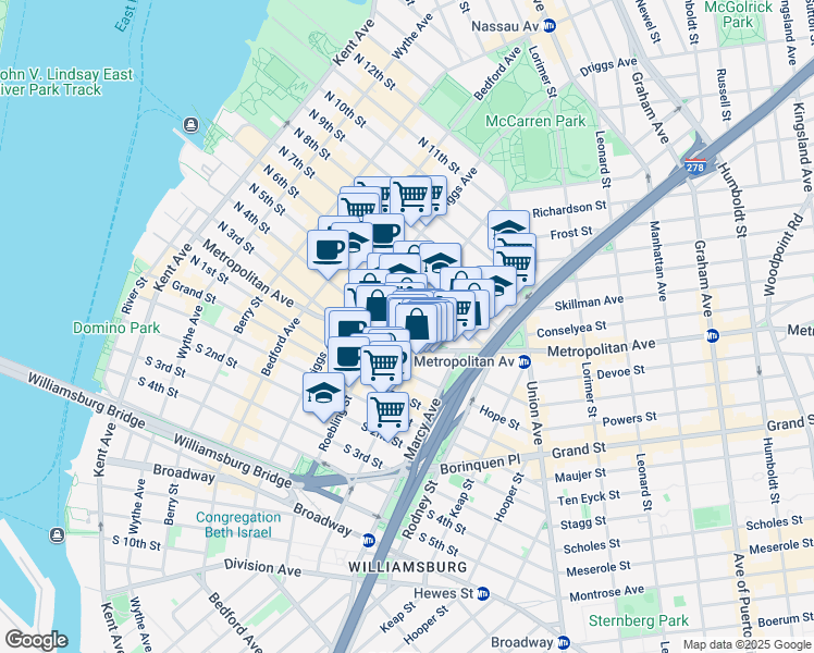 map of restaurants, bars, coffee shops, grocery stores, and more near 362 Metropolitan Avenue in Brooklyn