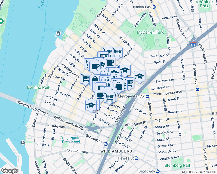 map of restaurants, bars, coffee shops, grocery stores, and more near 235-209 North 4th Street in Brooklyn