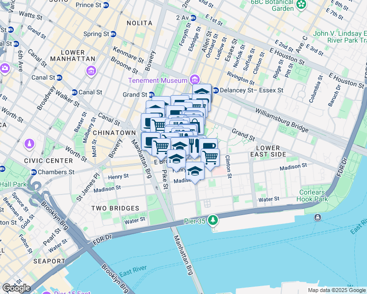 map of restaurants, bars, coffee shops, grocery stores, and more near 153 East Broadway in New York