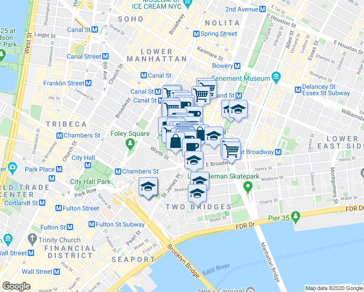 map of restaurants, bars, coffee shops, grocery stores, and more near 12 Chatham Square in New York