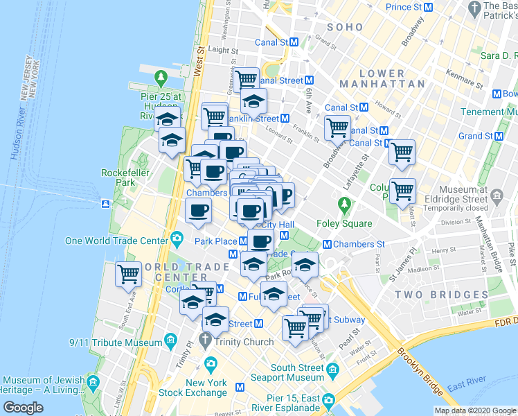 map of restaurants, bars, coffee shops, grocery stores, and more near 165 Church Street in New York