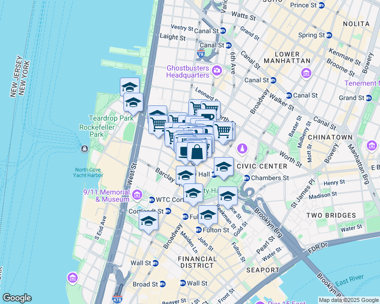 map of restaurants, bars, coffee shops, grocery stores, and more near 165 Church Street in New York
