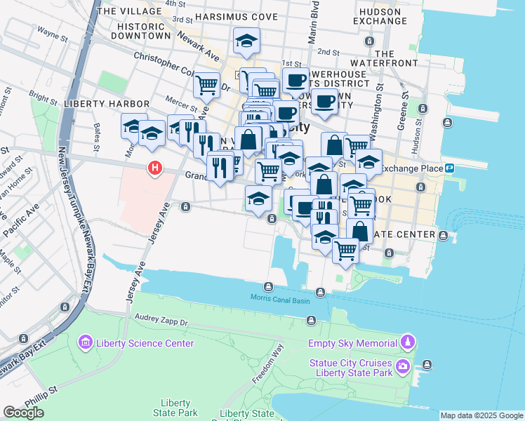 map of restaurants, bars, coffee shops, grocery stores, and more near 220 Morris Boulevard in Jersey City