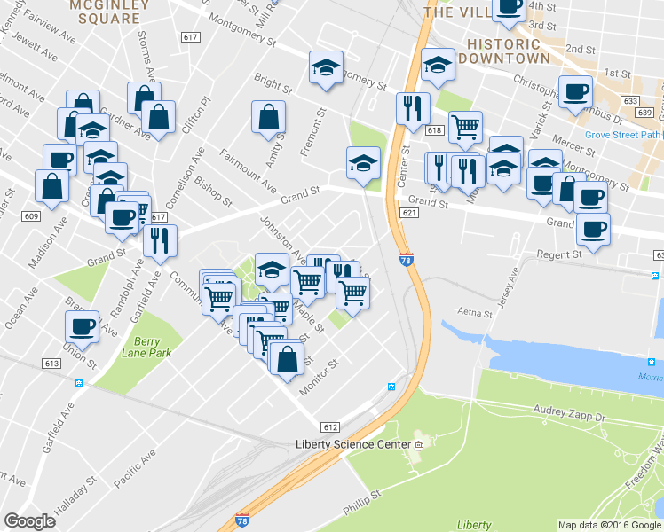 map of restaurants, bars, coffee shops, grocery stores, and more near 390 Halladay Street in Jersey City