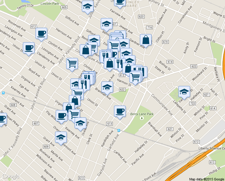 map of restaurants, bars, coffee shops, grocery stores, and more near 800 Grand Street in Jersey City