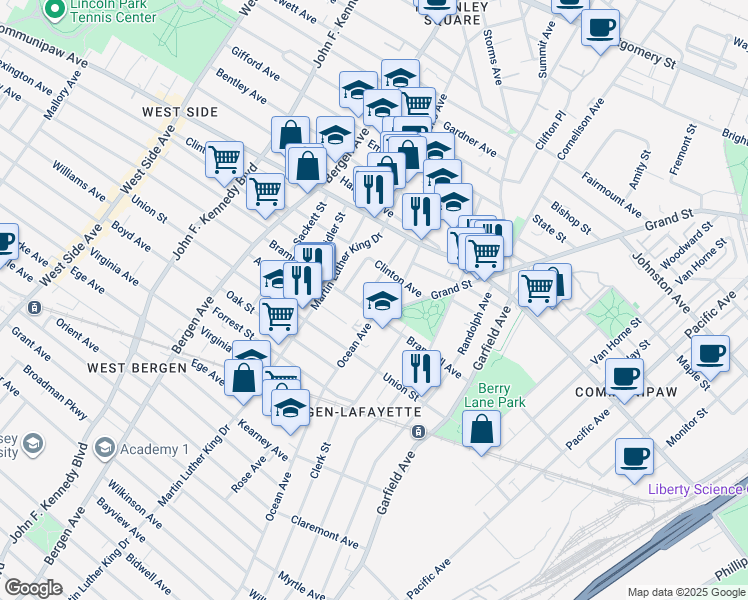 map of restaurants, bars, coffee shops, grocery stores, and more near in Jersey City