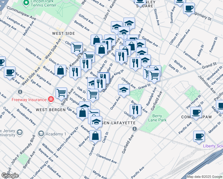 map of restaurants, bars, coffee shops, grocery stores, and more near 545 Bramhall Avenue in Jersey City